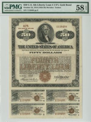 $50 4th Liberty Loan Bond - Complete Coupons - 1918 U.S. Treasury Bond